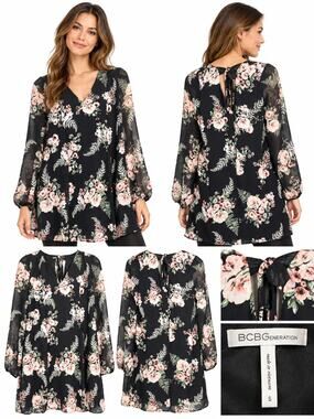 BCBGeneration S Black Floral Chiffon Tie Back Dress